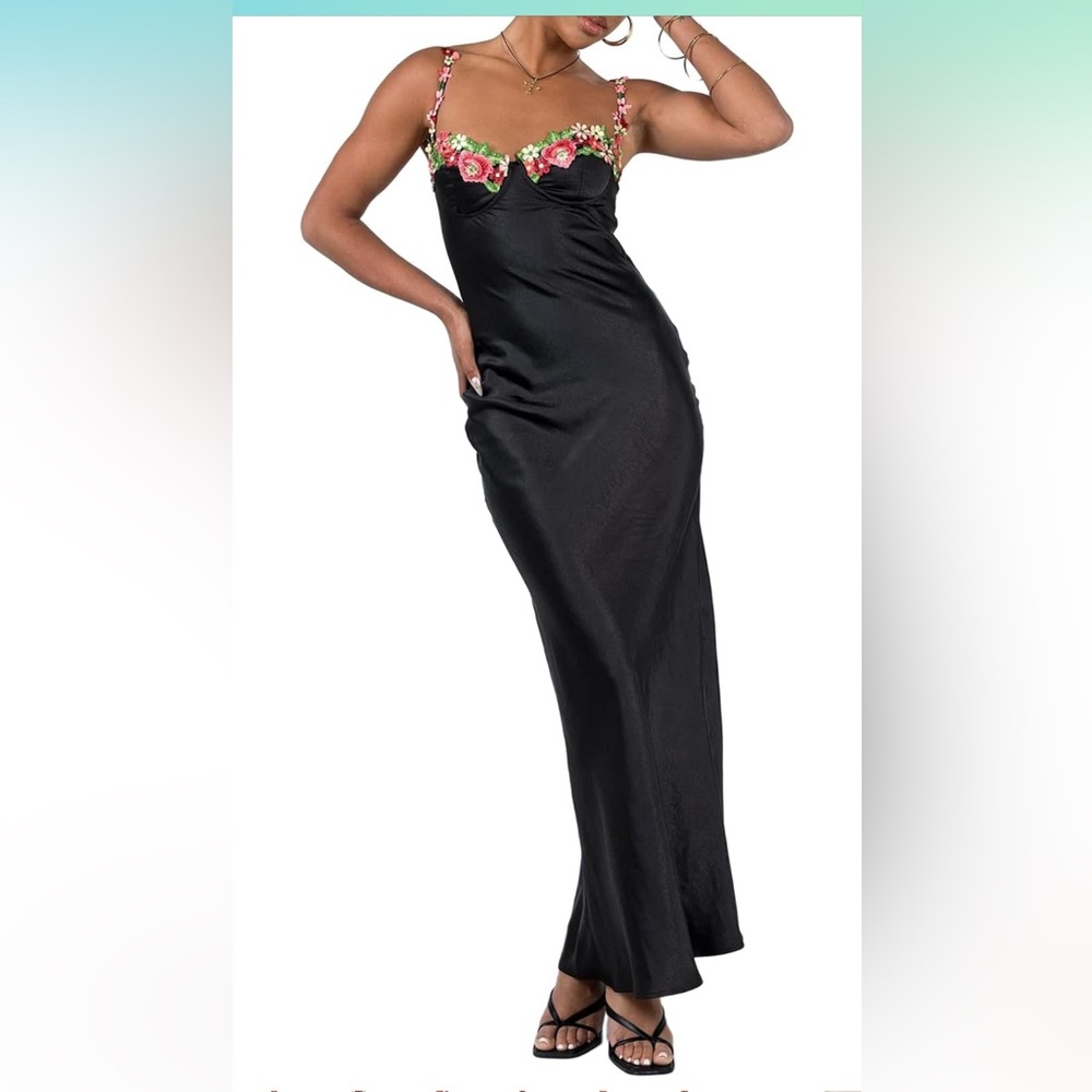 Floral satin black dress